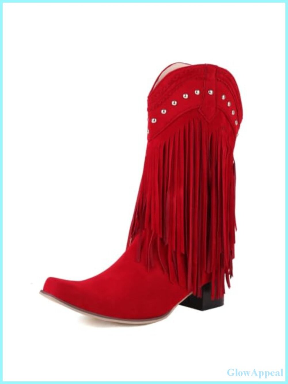 Fringe Mid Calf Western Cowgirl Boots Snip Toe Block Heel Faux Suede